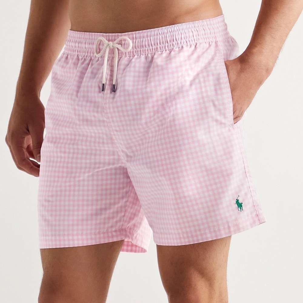 Polo Ralph Lauren Traveler Mid Length Swim Shorts Mens S Pink White Gingham